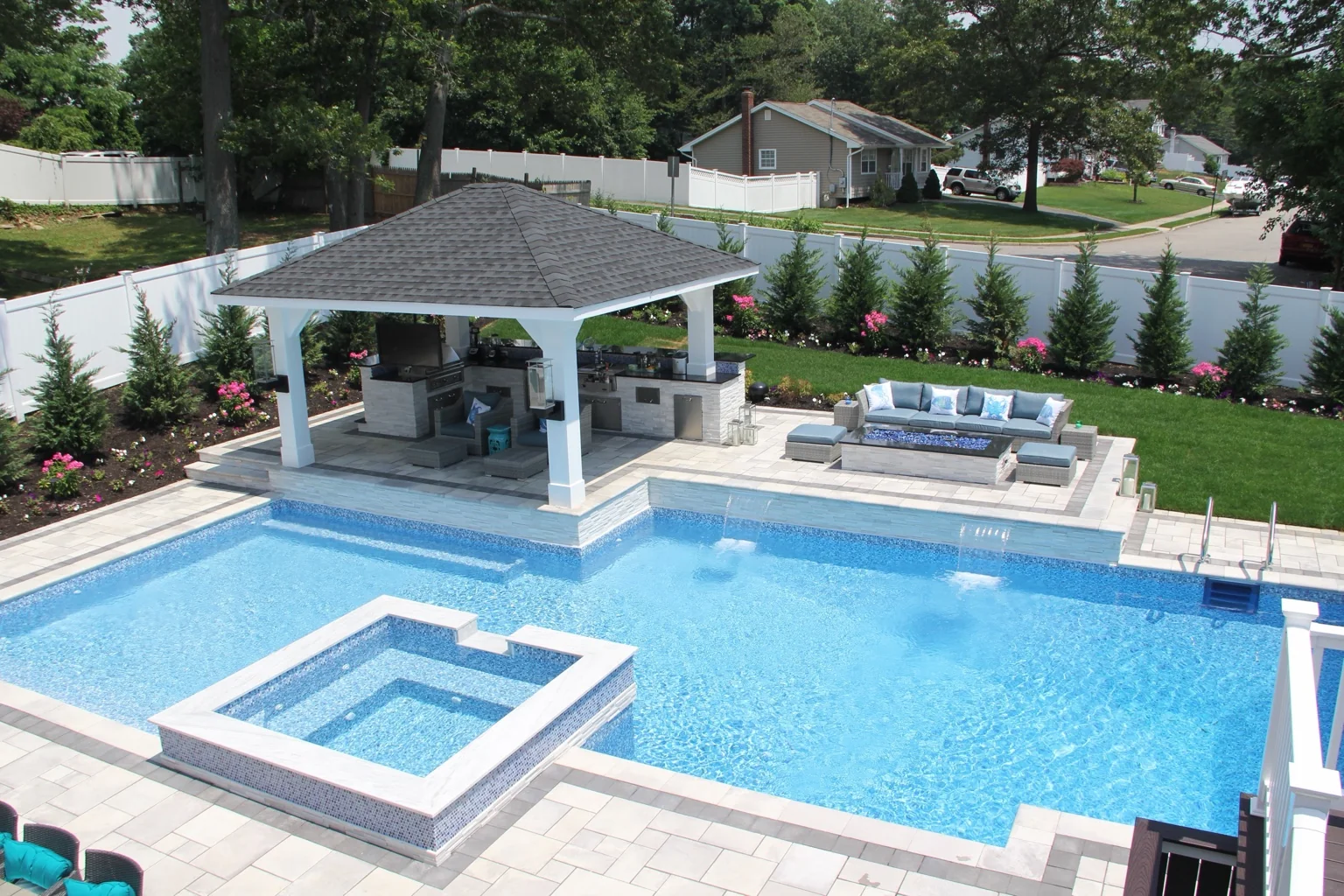 Daytime aerial view of completed Brookhaven pool spa pavilion and outdoor living area