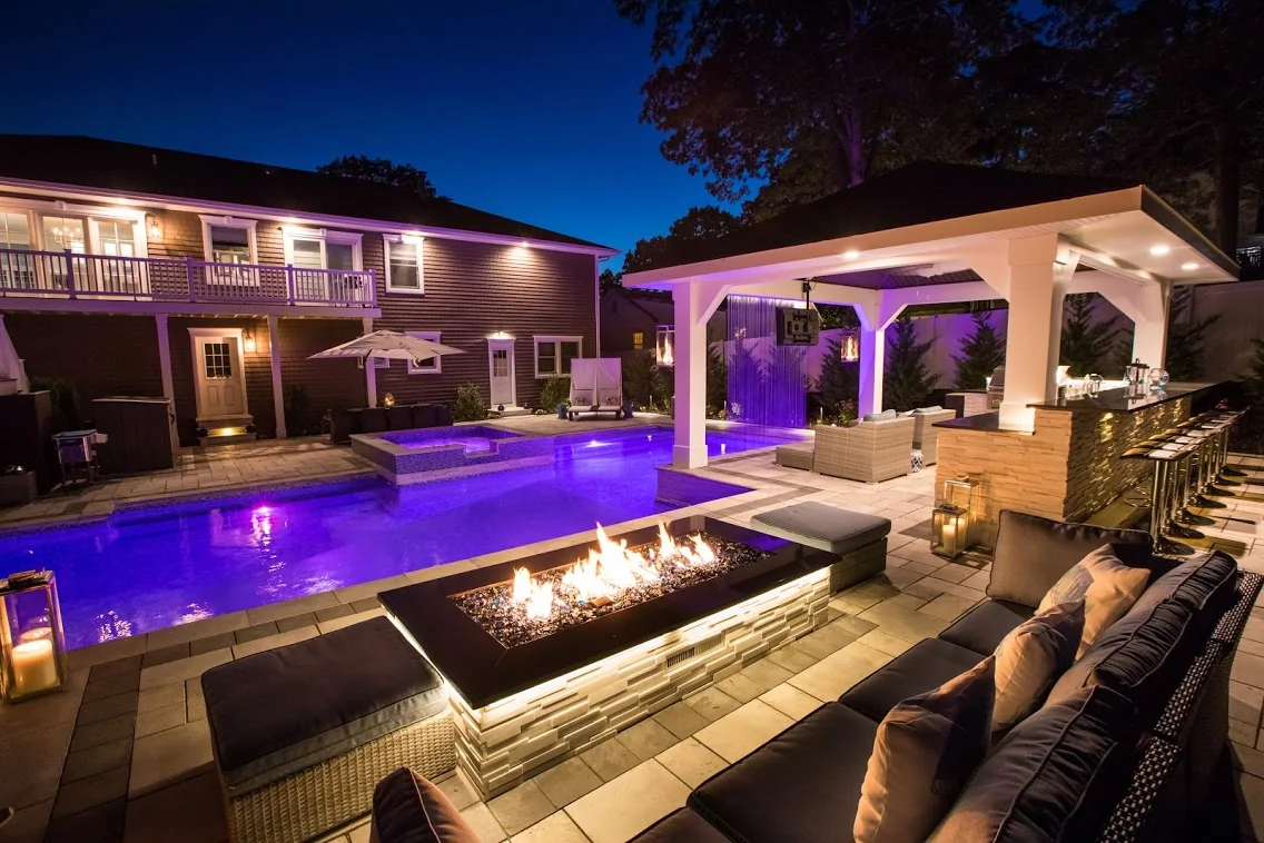 Firegear fire pit overlooking Brookhaven pool and pavilion