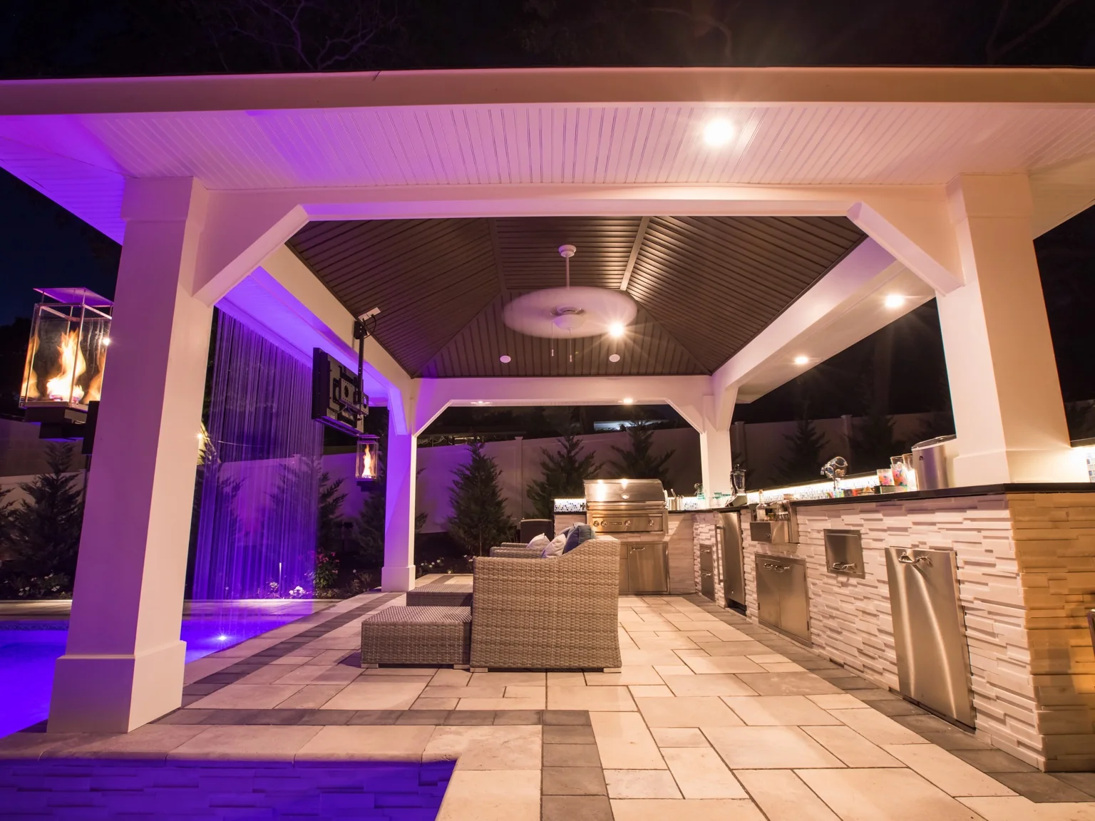 Outdoor kitchen inside custom Brookhaven pavilion