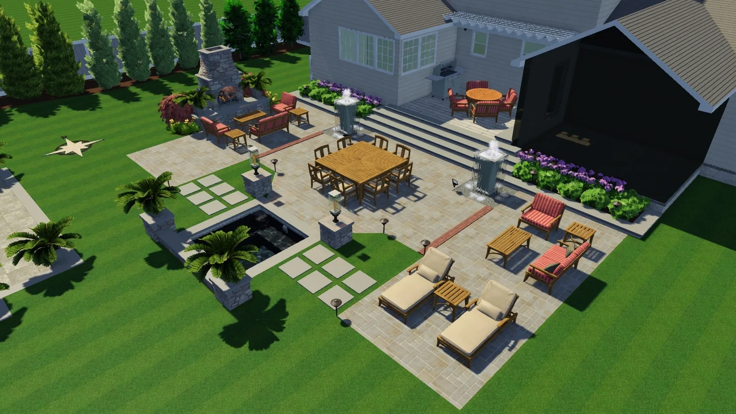 3D virtual backyard design showing pool, terraces and outdoor living areas