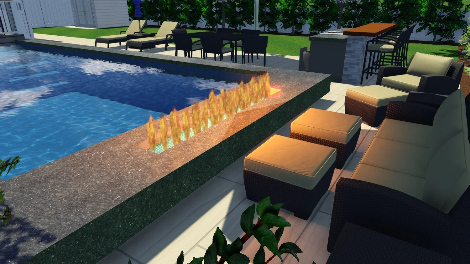3D virtual design study showing integrated fire feature beside swimming pool