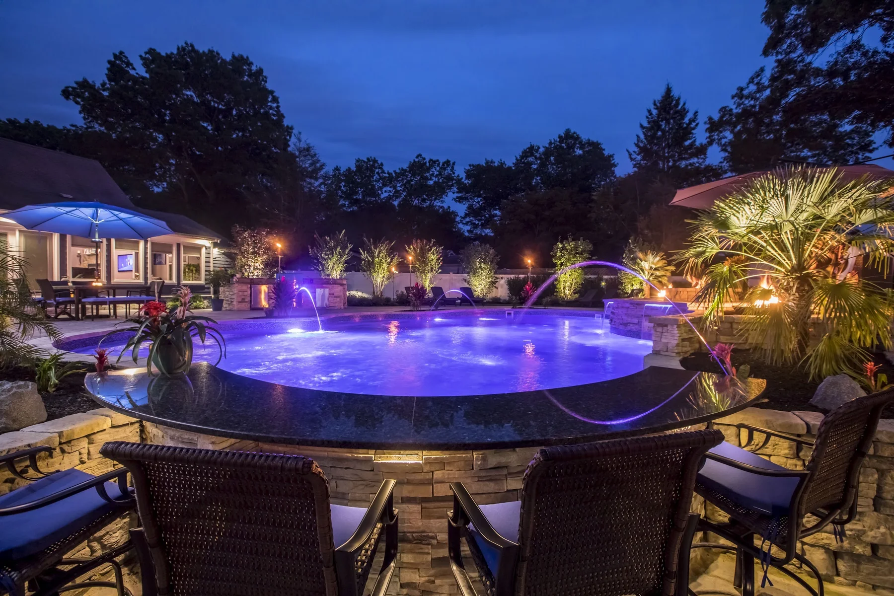 Dix Hills Miami inspired pool retreat with color changing lighting, fire and water features