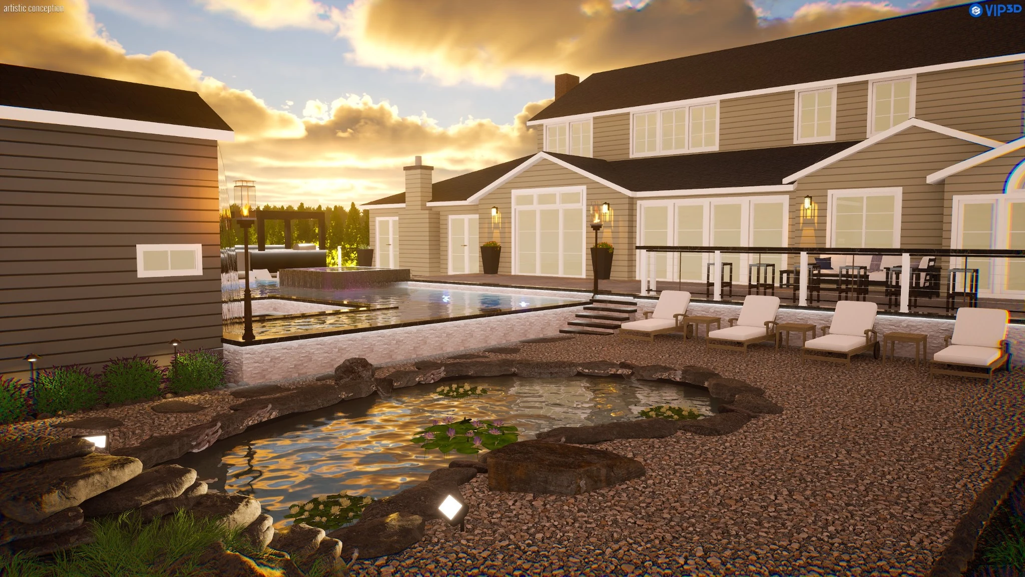 3D backyard design rendering showing pool, water feature, koi pond and complete outdoor living plan