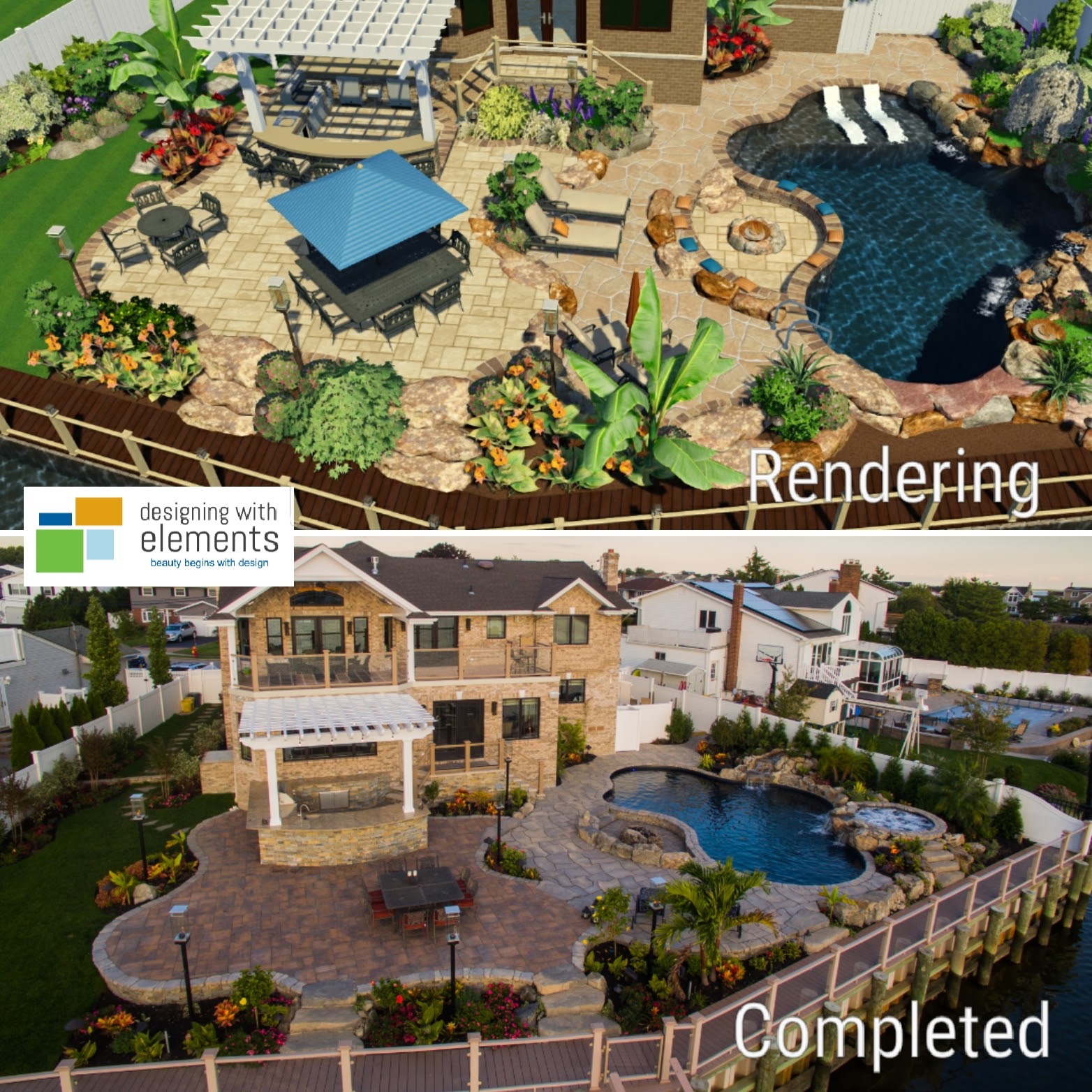 Waterfront backyard 3D rendering compared with completed project
